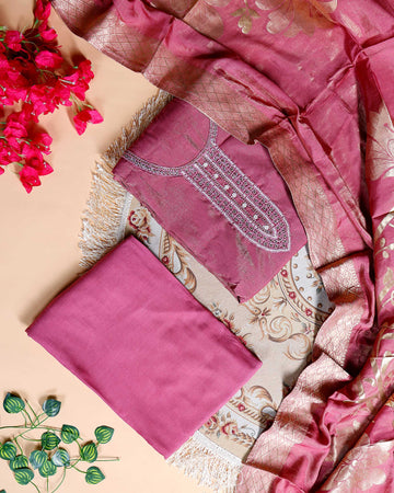 Women's Unstitched Salwar Material with Sequined Embroidery and Complementary Dupatta- Purple