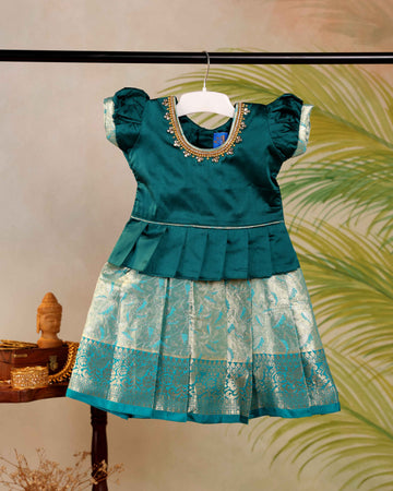 Elegant Kids Pattu Pavadai Readymade a Traditional Ethnic Gown with Zari Border & Puff Sleeves  - Green