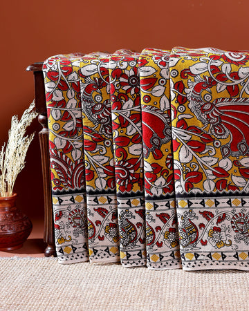 Traditional Handloom Kalamkari Cotton Saree with Intricate Floral and Avian Motifs - Multi
