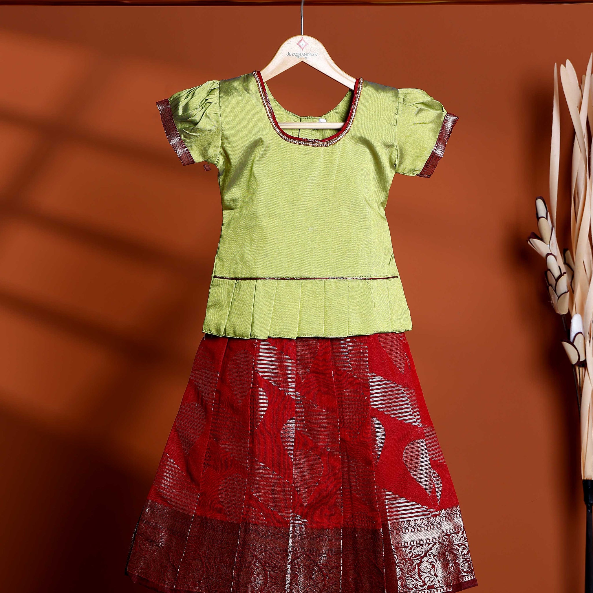 Classic Kids Readymade Pattu Pavadai with Contrast Blouse and Zari Woven Skirt - Green