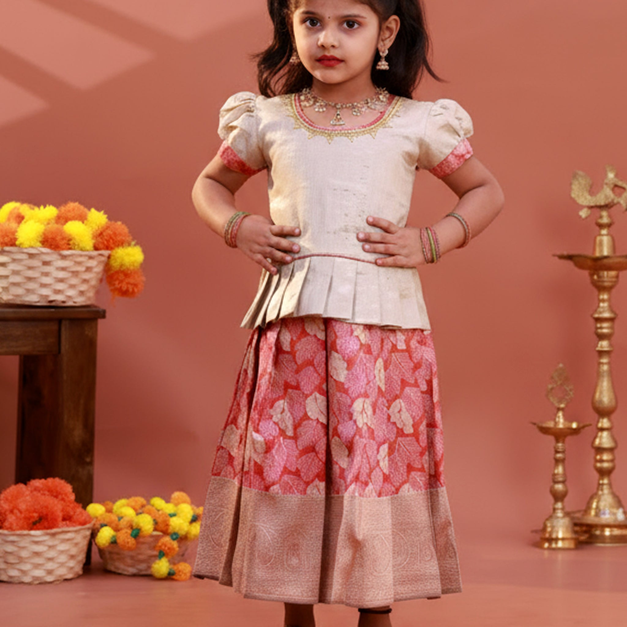 Kids Readymade Pattu Pavadai Set with Embellished Neck Puff Sleeve Blouse and Printed Skirt - Gold