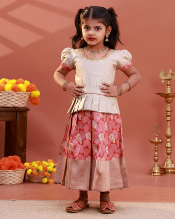 Kids Readymade Pattu Pavadai Set with Embellished Neck Puff Sleeve Blouse and Printed Skirt - Gold