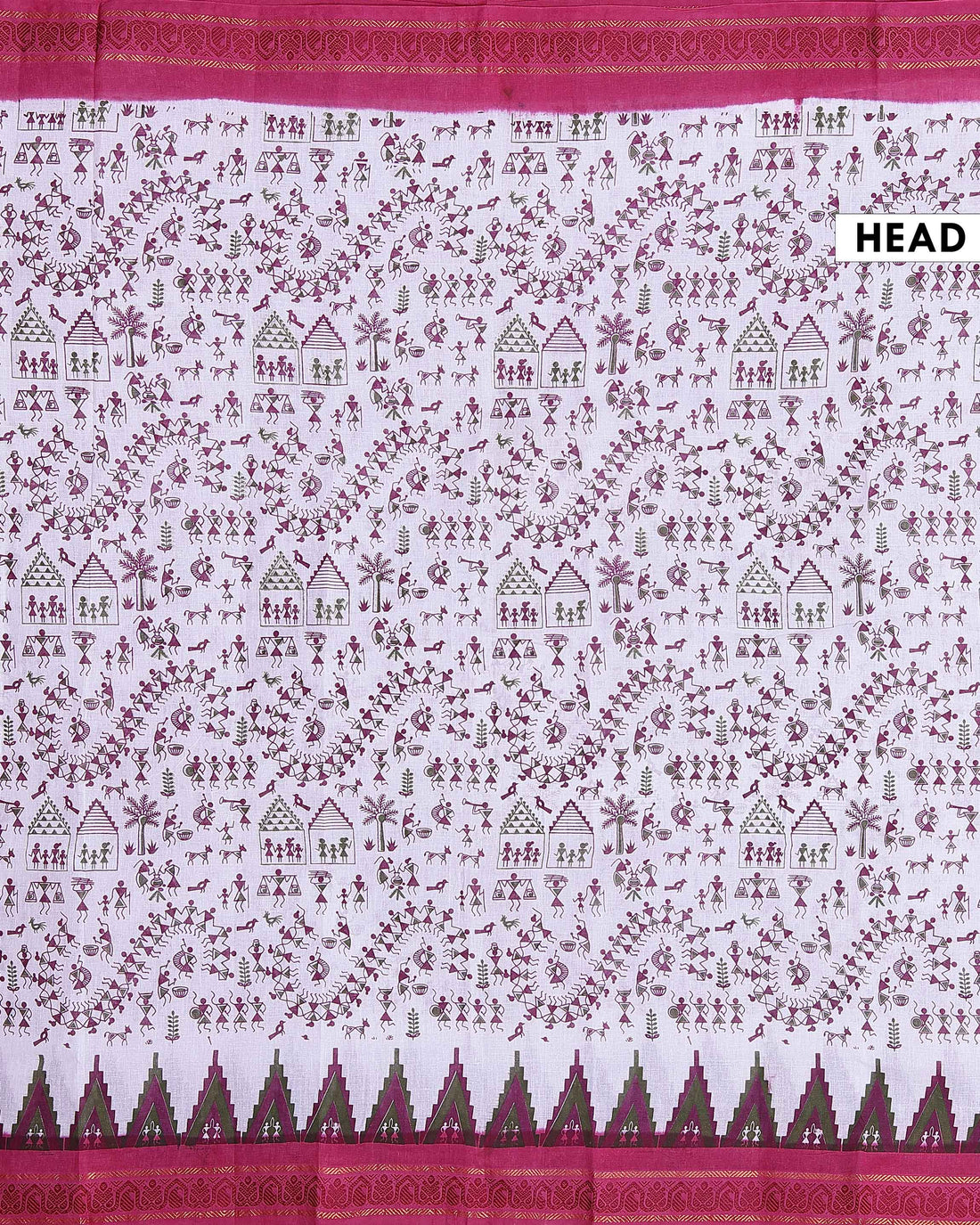 Handloom Sungudi Cotton Saree with Intricate Warli Tribal Print and Contrasting Geometric Border Design - Off White