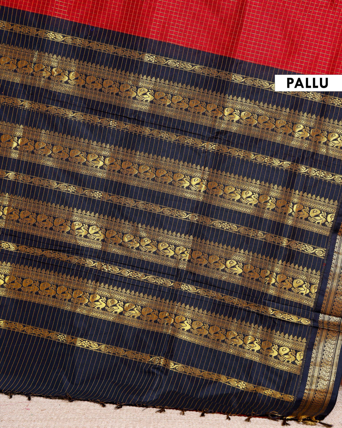 Traditional Kalyani Cotton Saree with All-Over Checks and Ornate Zari Pallu and Border - Red