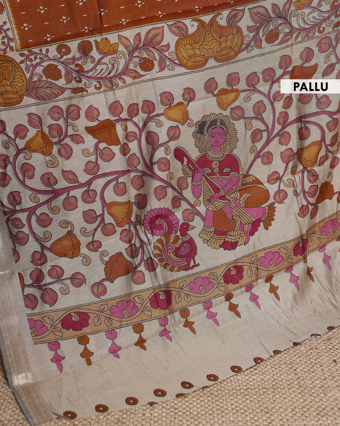 Semi Chanderi Kalamkari Saree with Floral Hand-Painted Border and Buti Weave - Brown