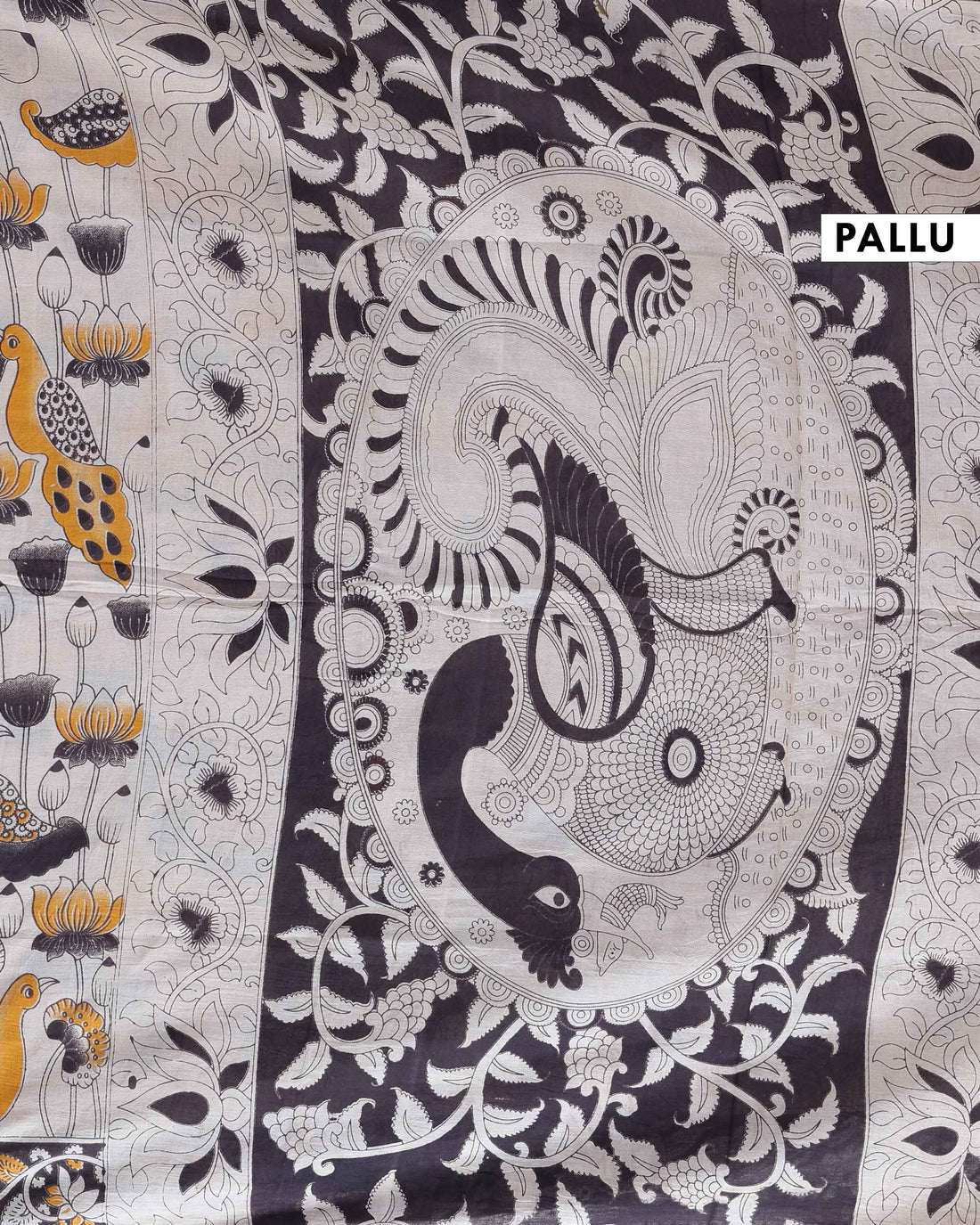 Traditional Kalamkari Cotton Saree with Traditional Bird & Lotus Motif Print - Cream