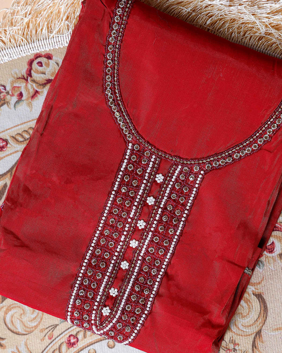 Women's Unstitched Salwar Material with Sequined Embroidery and Complementary Dupatta- Red