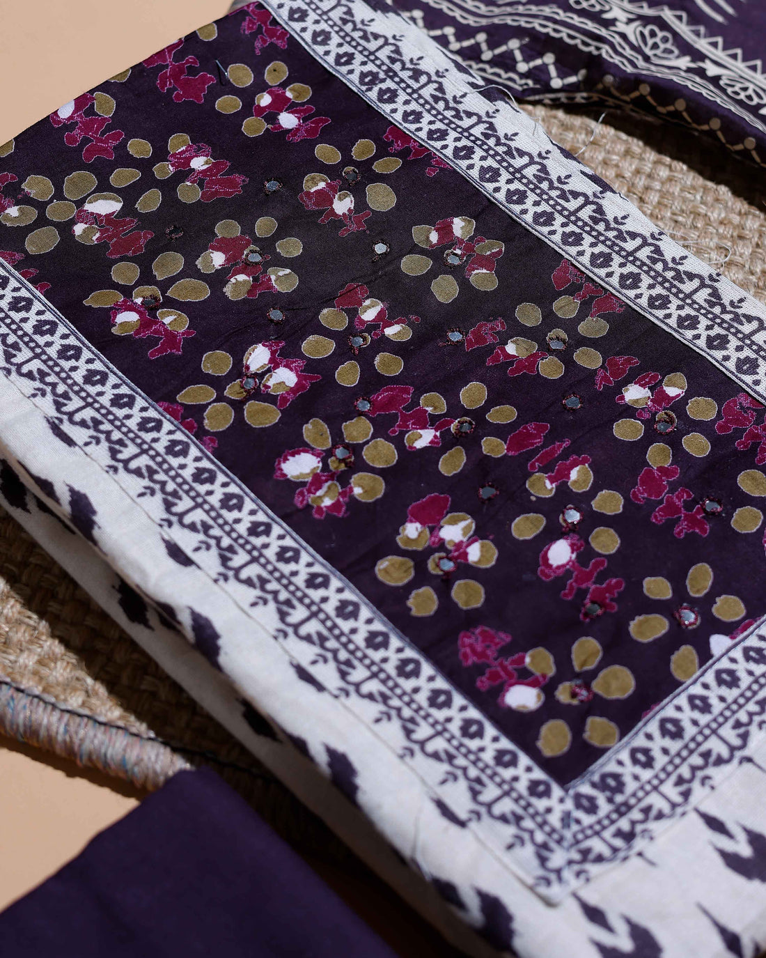 Women's Floral Printed Cotton Salwar Material with Plain Bottom and Traditional Border Dupatta - White
