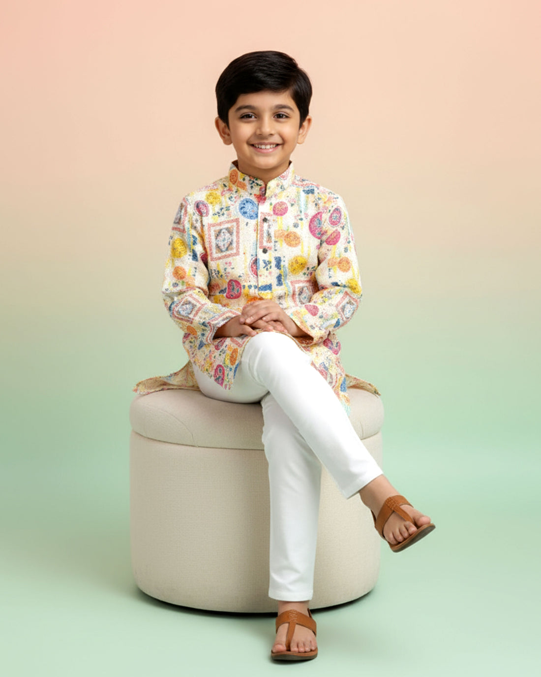 Boys Festive Cream Kurta Set with Multicolor Mandala & Frame Print