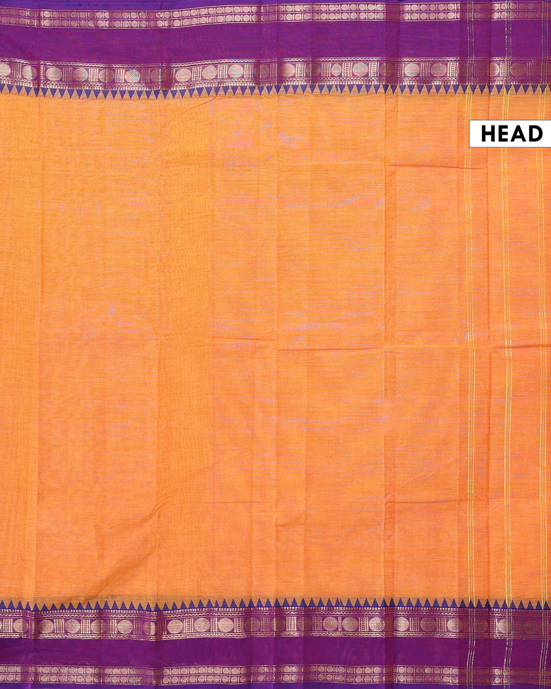 Traditional Handloom Chettinad Cotton Saree with Plain Body and Contrast Zari Woven Temple Rettapet Border - Orange