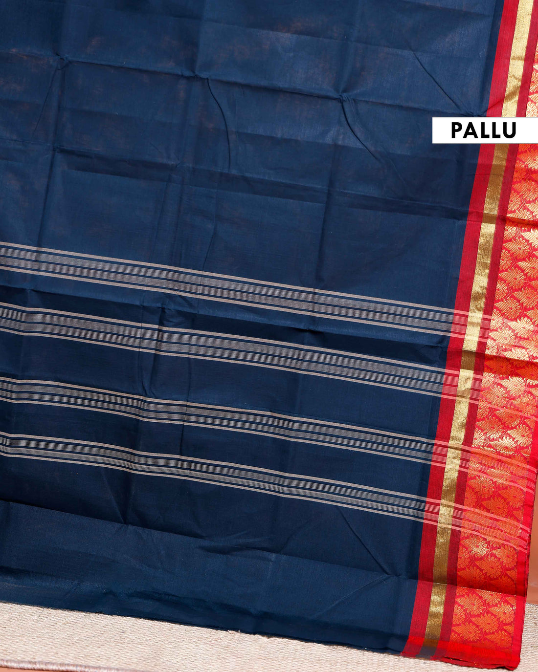 Chettinad Cotton Saree with Contrast Zari Border and Floral Motifs - Navy Blue