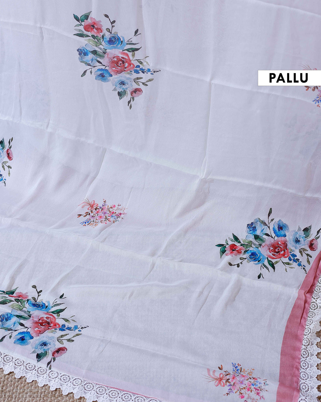 Elegant Georgette Saree with Delicate Floral Prints and Graceful Lace Border Detailing - Cream