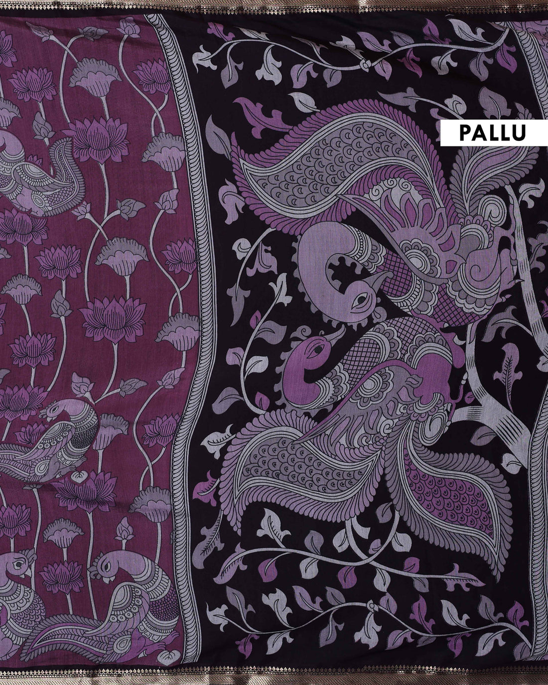 Elegant Semi Chanderi Saree with Traditional Kalamkari Handcrafted Motifs and Intricate Zari Border -  Purple