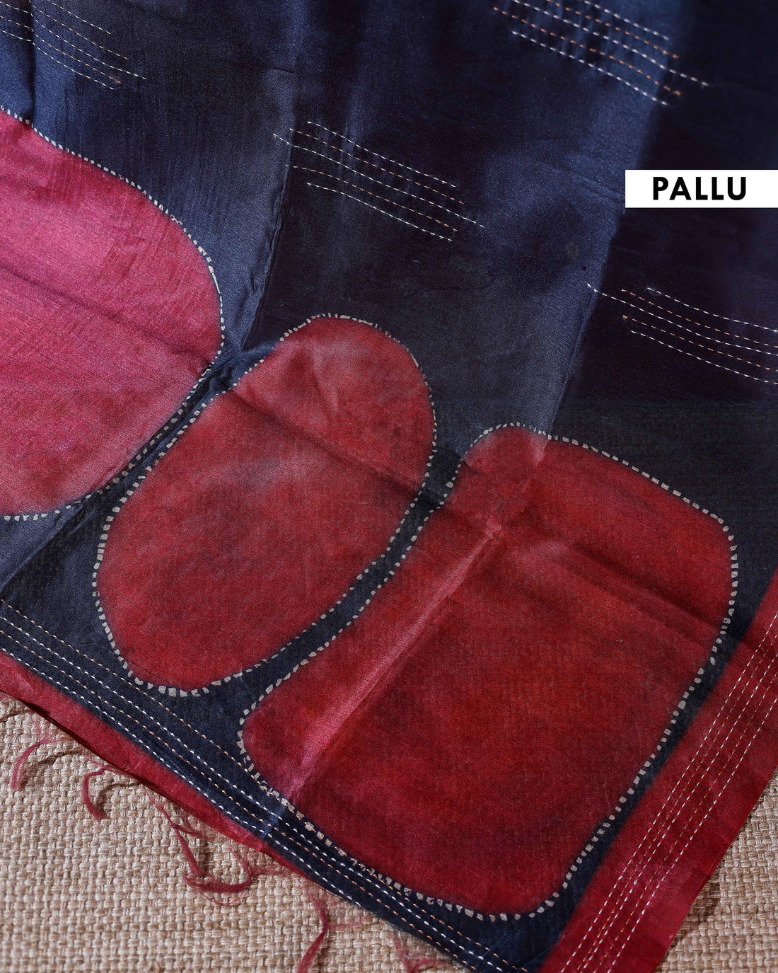 Handcrafted Kantha Cotton Saree with Contrast Patch Design and Intricate Stitch Embroidery - Navy Blue