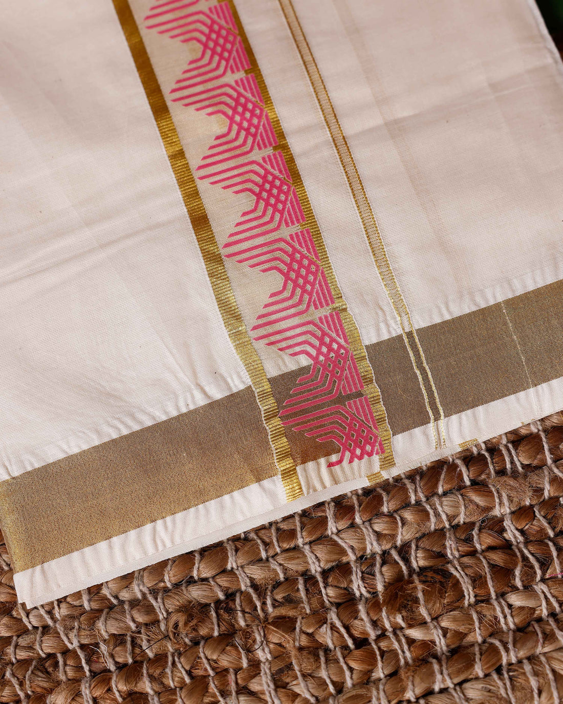 Traditional Handwoven Cotton Dhoti with Gold Color Border and Elegant Finish - Off White