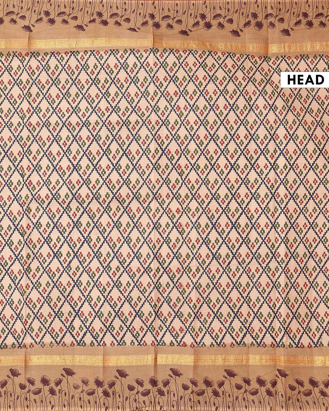 Handloom Sungudi Cotton Saree with Geometric Diamond Pattern & Floral Border - Cream