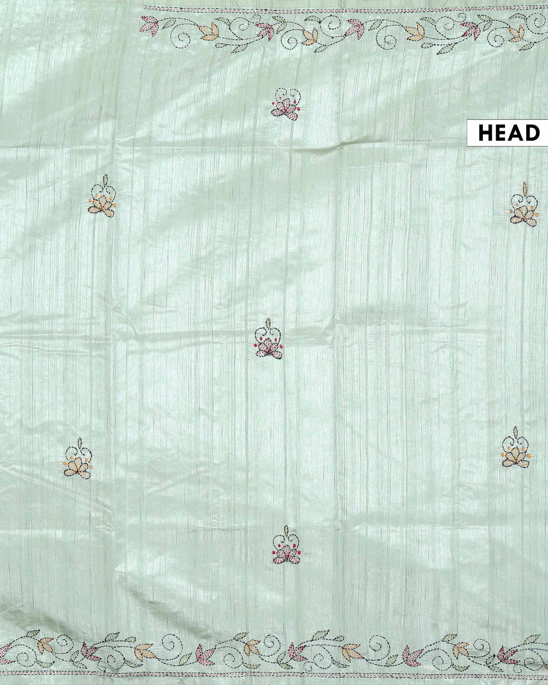 Elegant Hand Embroidered Kantha Work Tussar Saree with Floral and Paisley Motifs - Light Green