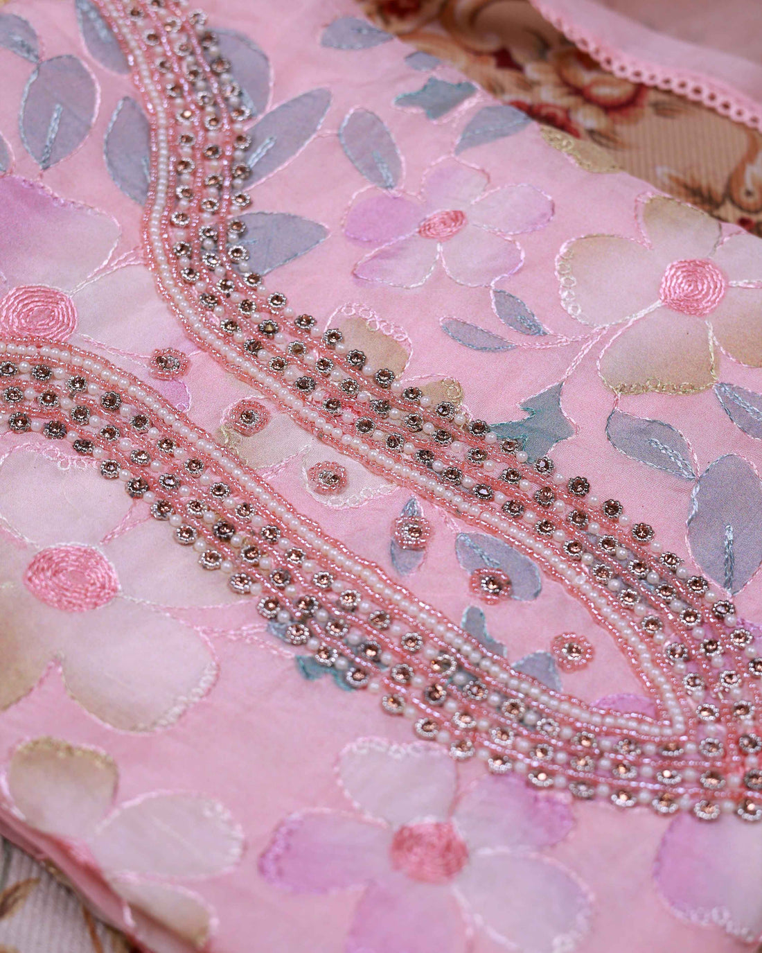 Women's Floral Embroidered Salwar Suit Material with Beaded Neckline and Net Dupatta - Pink