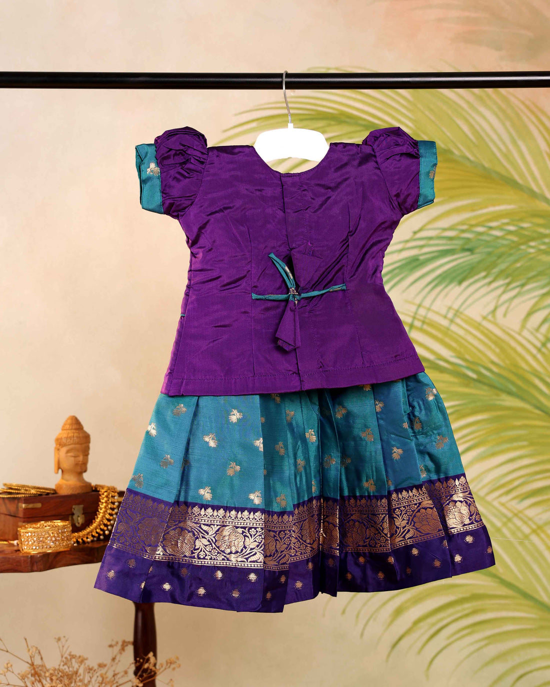 Kids Pattu Pavadai Readymade a Traditional Ethnic Gown with Zari Border & Puff Sleeves  - Purple