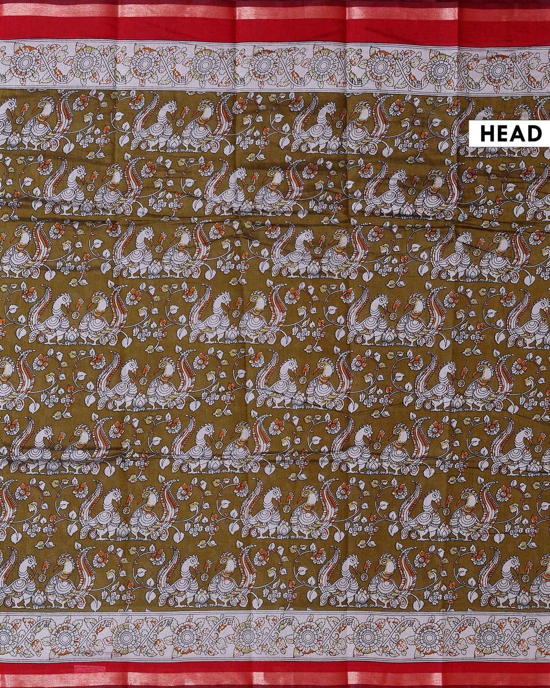 Elegant Semi Chanderi Saree with Kalamkari Inspired Motifs and A Plain Gold Woven Border - Olive