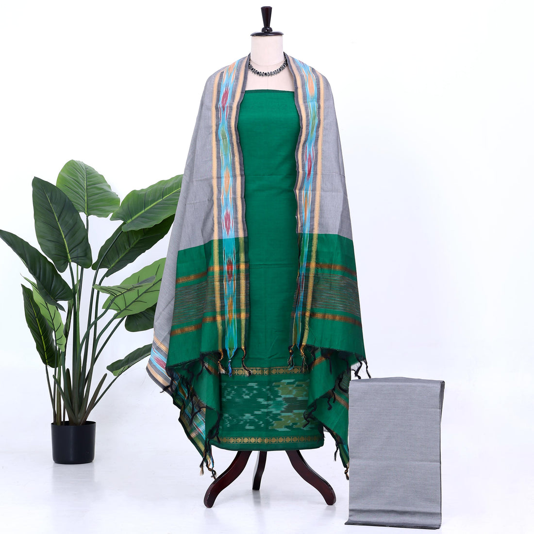 Green Cotton Unstitched Salwar Material for Women | Ethnic Summer Collection | Jeyachandran - Full View
