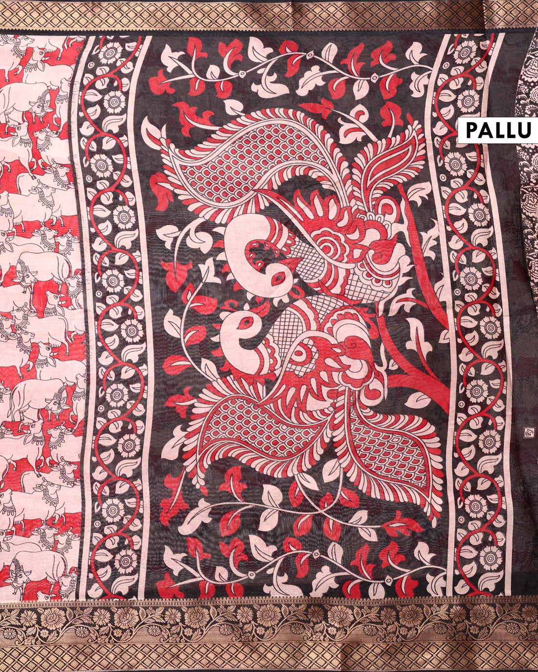 Elegant Semi Chanderi Saree with Traditional Animal Motif Print and Contrasting Zari Woven Border - Red