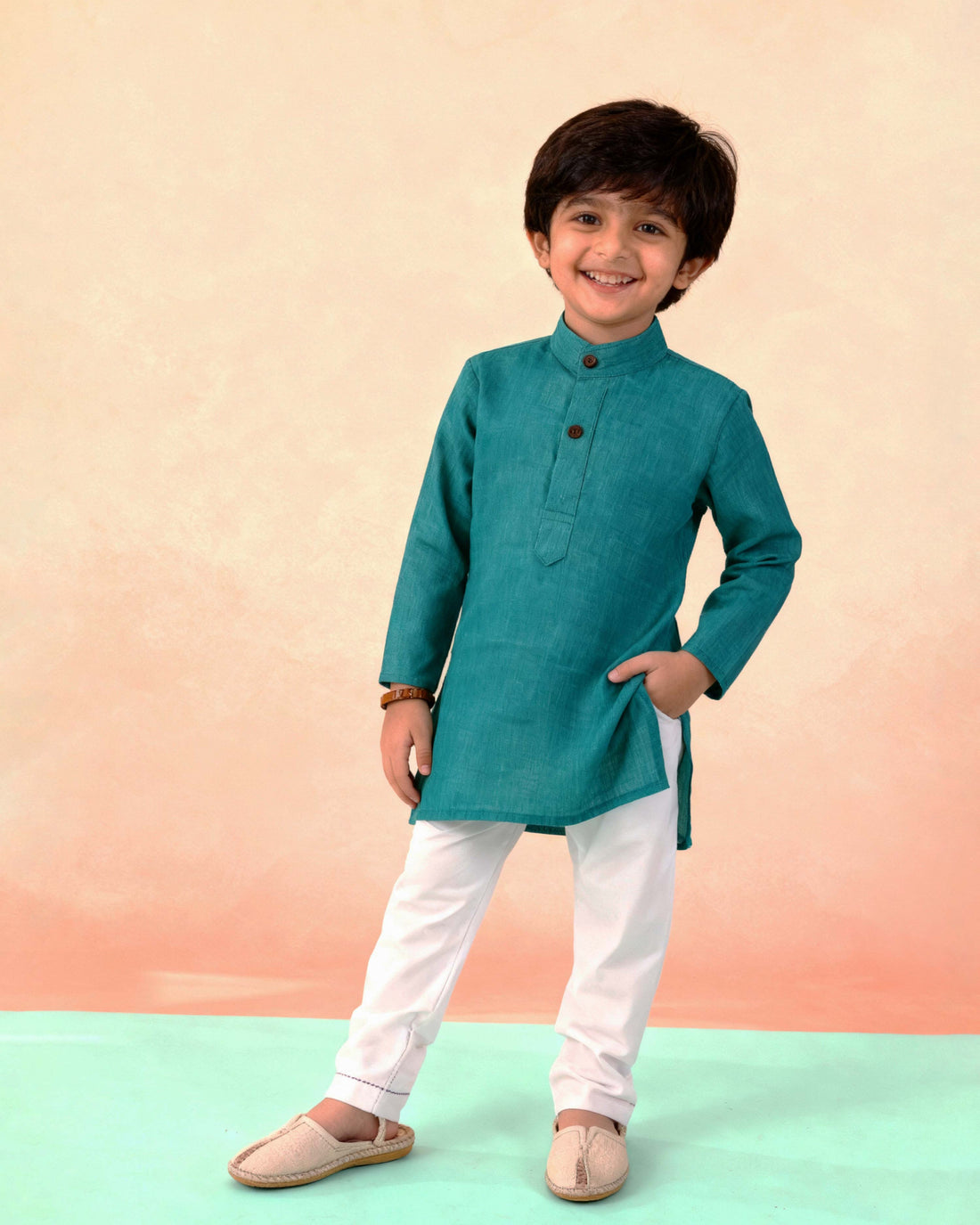 Boys Festive Kurta Set with Mandarin Collar, Dark Green