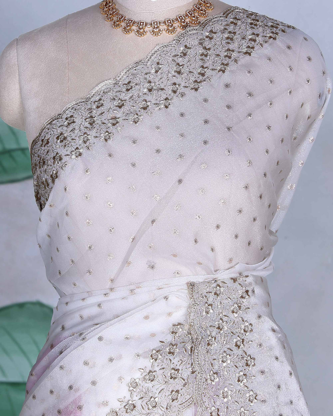 Elegant Sequins & Thread Embroidered Fancy Saree with Intricate Floral Border and Graceful Pallu - Off White