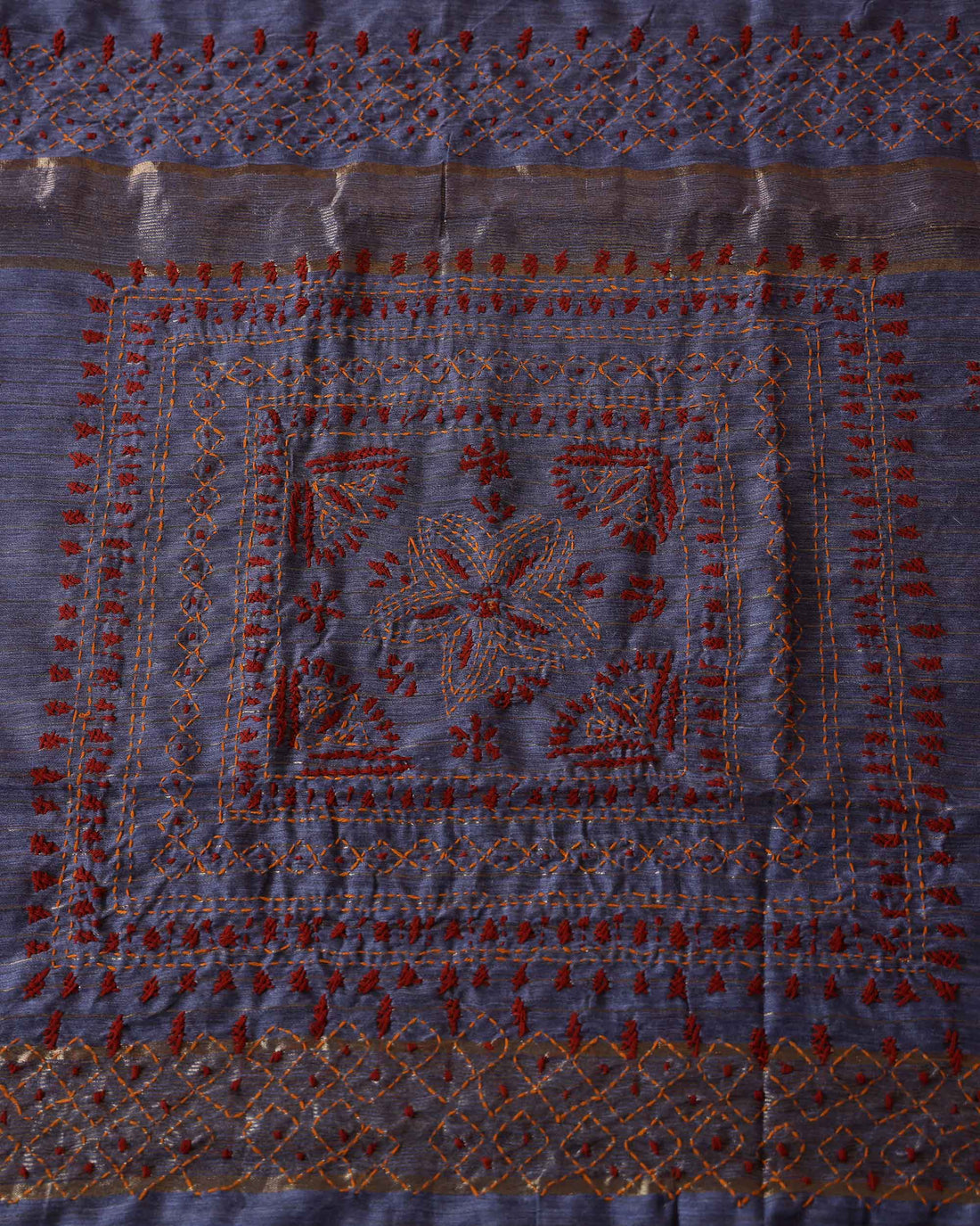 Elegant Kantha Hand Embroidered Saree with Intricate Floral Motif and Contrast Border - Grey