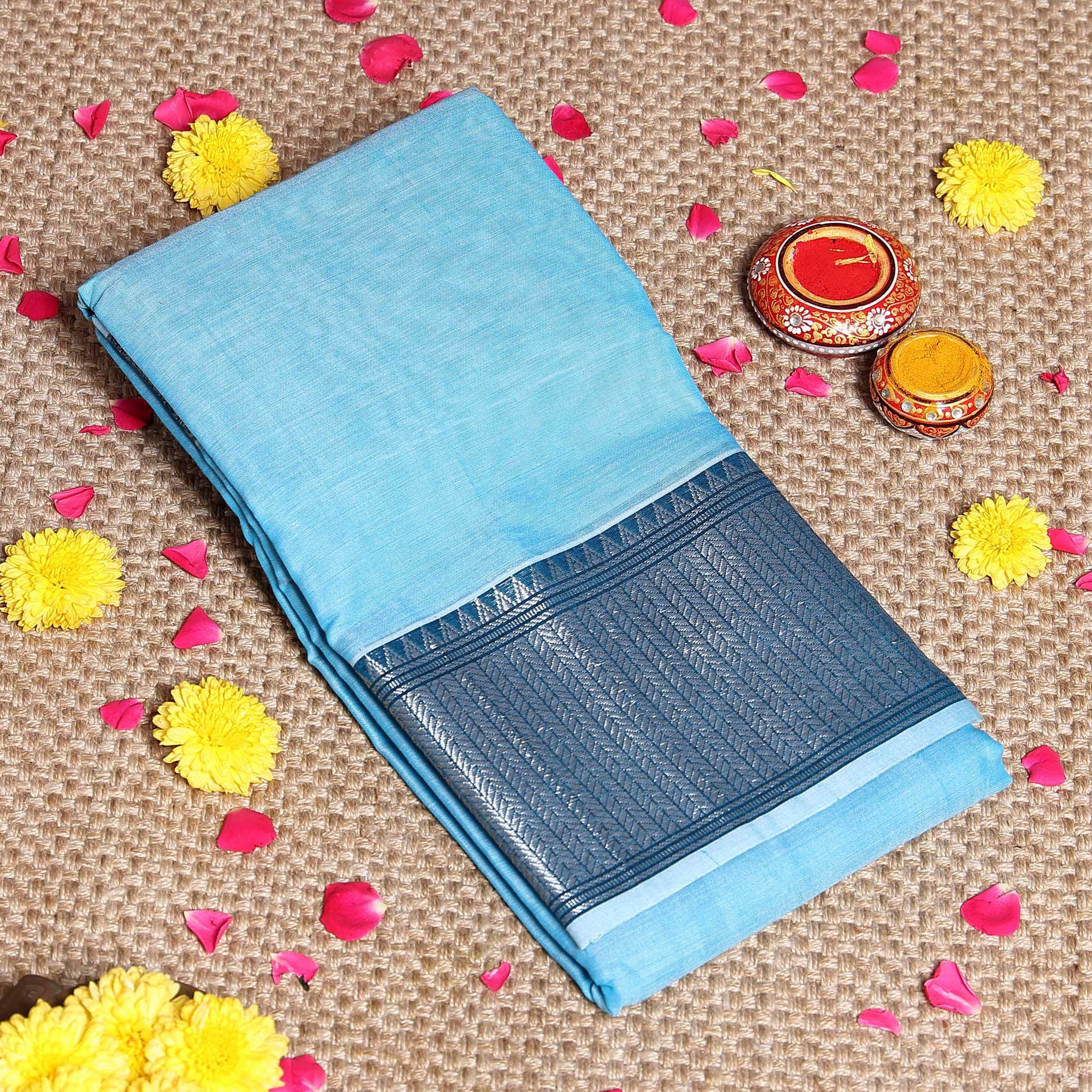 Elegant Handloom Narayanpet Cotton Saree with Traditional Woven Border - Sky Blue