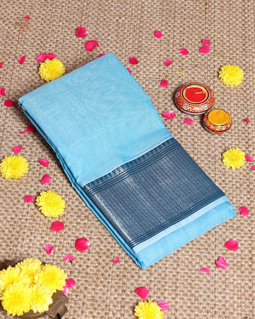 Elegant Handloom Narayanpet Cotton Saree with Traditional Woven Border - Sky Blue