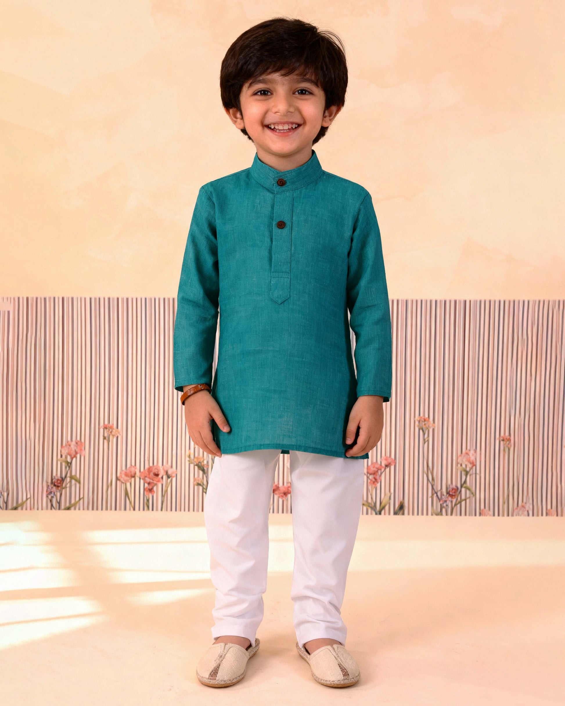Boys Festive Kurta Set with Mandarin Collar, Dark Green