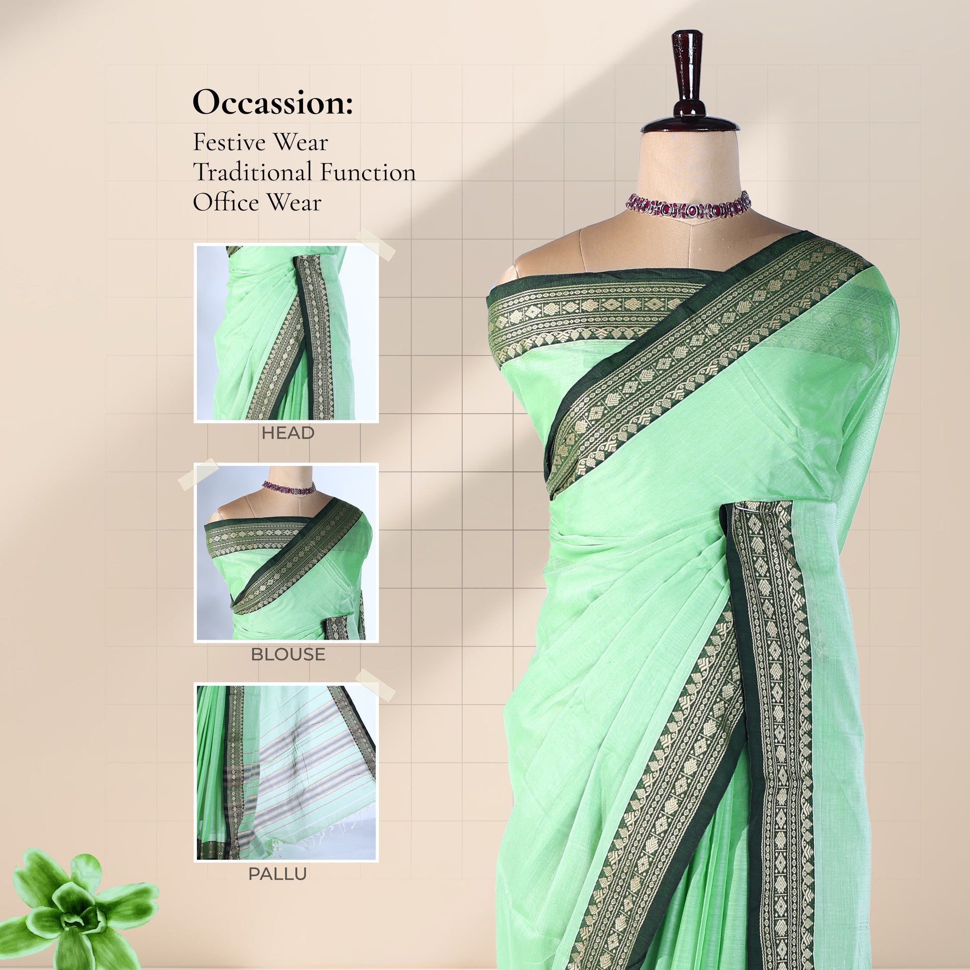 Pista Green Mangalagiri Cotton Saree With Geometric Zari Border And Dark Green Edging Front View
