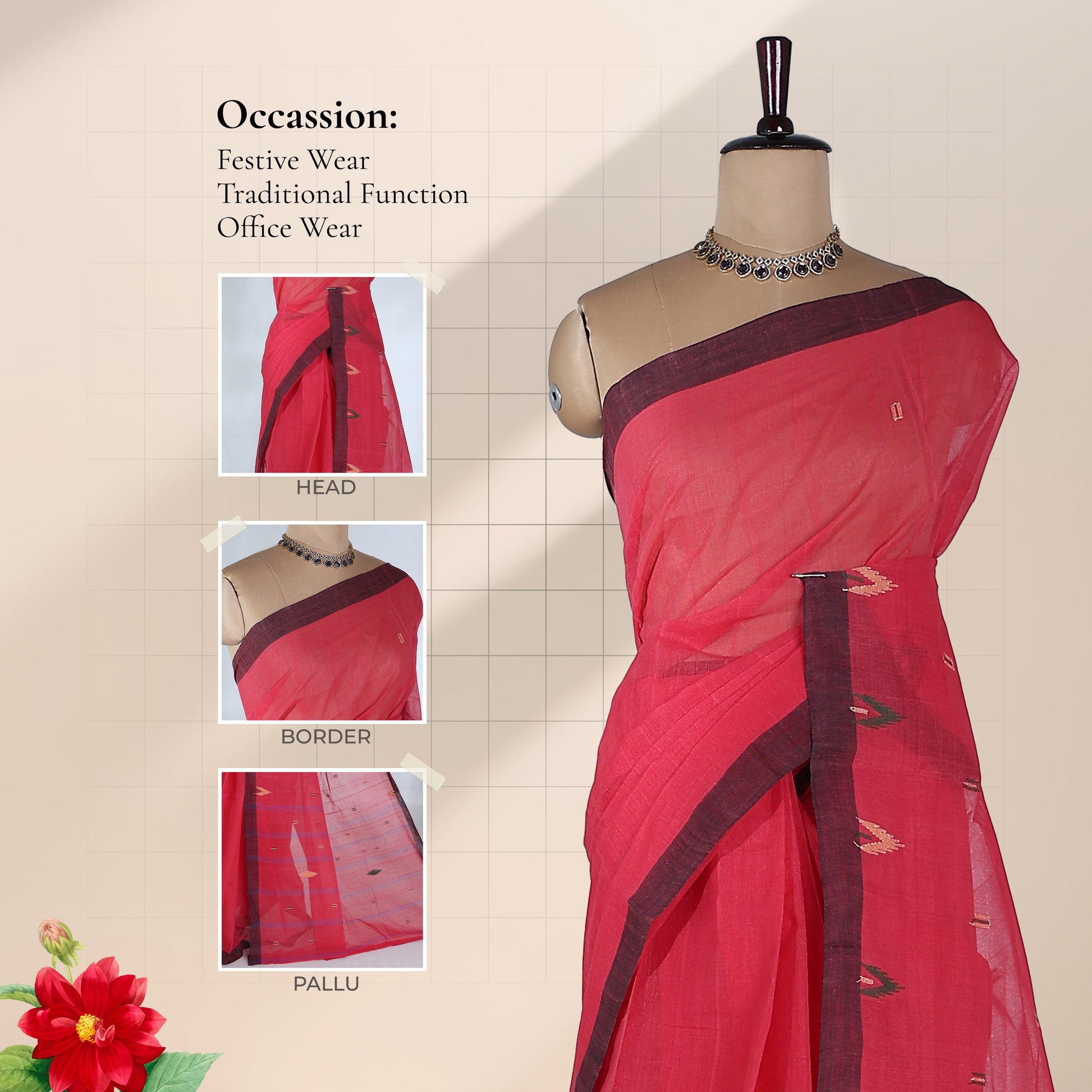 Red Bengal Cotton Saree With Maroon Border And Ikat Woven Motifs Front Mannequin View