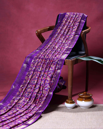 Elegant Dola Silk Saree with All-Over Traditional Paisley Buti Motifs and Intricate Zari Woven Floral Border - Purple