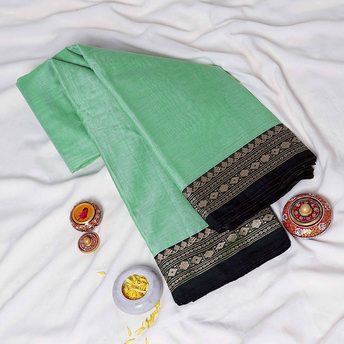 Pist Green Mangalagiri Cotton Saree for Women | Festive Summer Collection | Jeyachandran - Full View