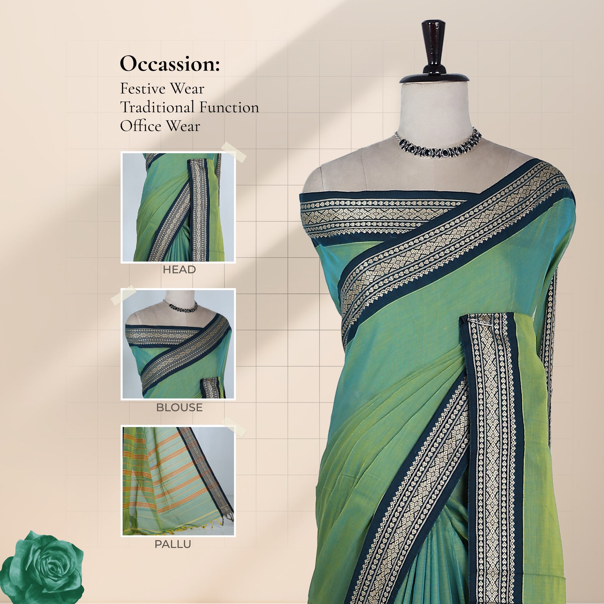 Mangalagiri Cotton Saree With Traditional Navy Blue Zari Border in Green Front Draped Mannequin Display View