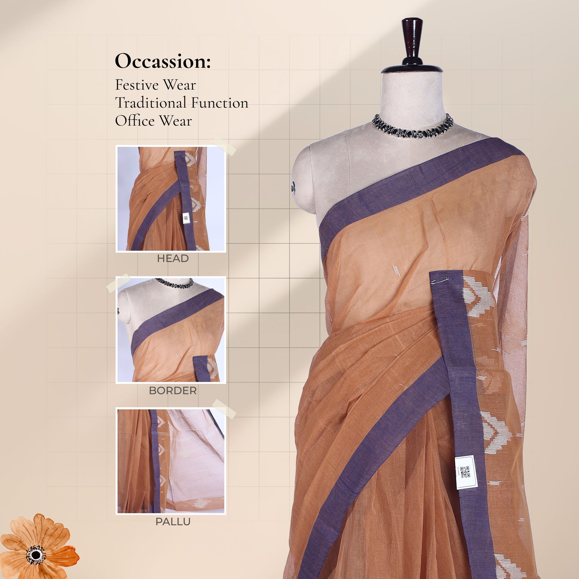 Dark Brown Bengal Cotton Saree With Purple Border And Ikat Woven Motifs Front Mannequin View