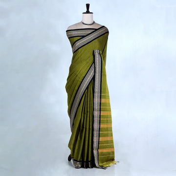 Olive Green Mangalagiri Cotton Saree for Women | Festive Summer Collection | Jeyachandran - Full View