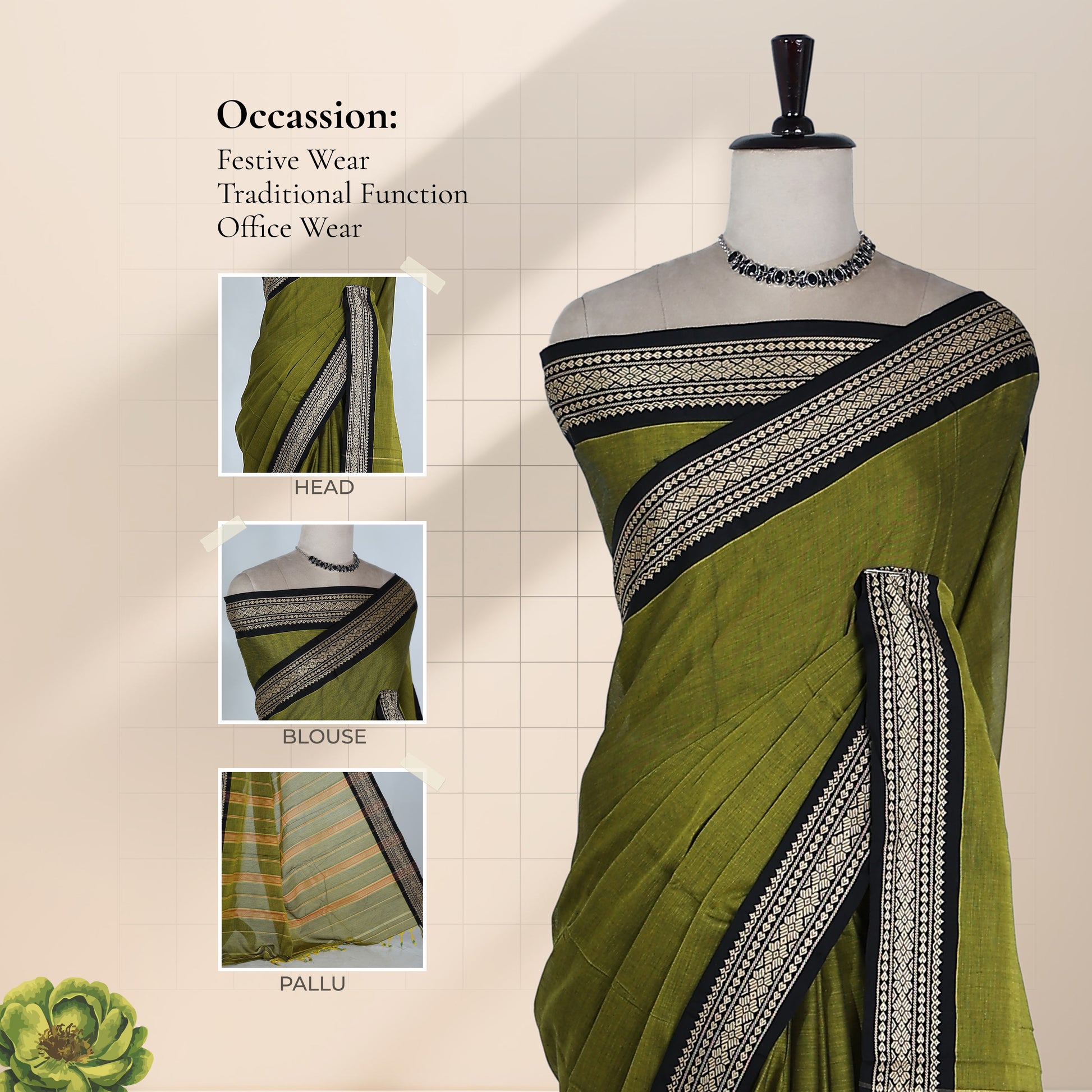 Mangalagiri Cotton Saree With Traditional Black  Zari Border in Olive Green Front Draped Mannequin Display View
