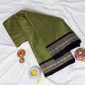 Folded Olive Green Mangalagiri Cotton Saree With Traditional Black Zari Border Product Display View