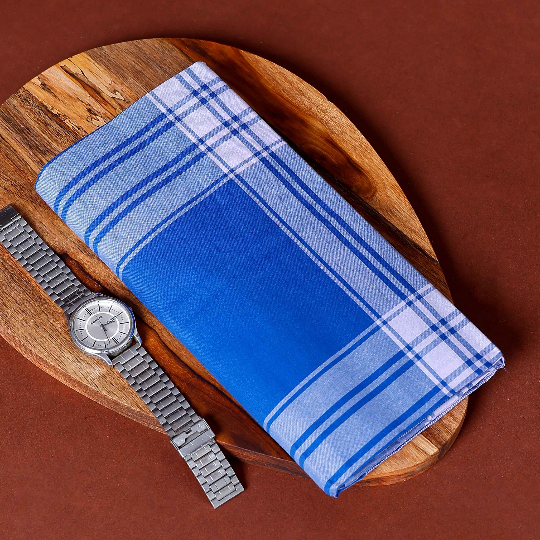 999 Brand Men's Premium Cotton Striped Lungi Stitched - Blue