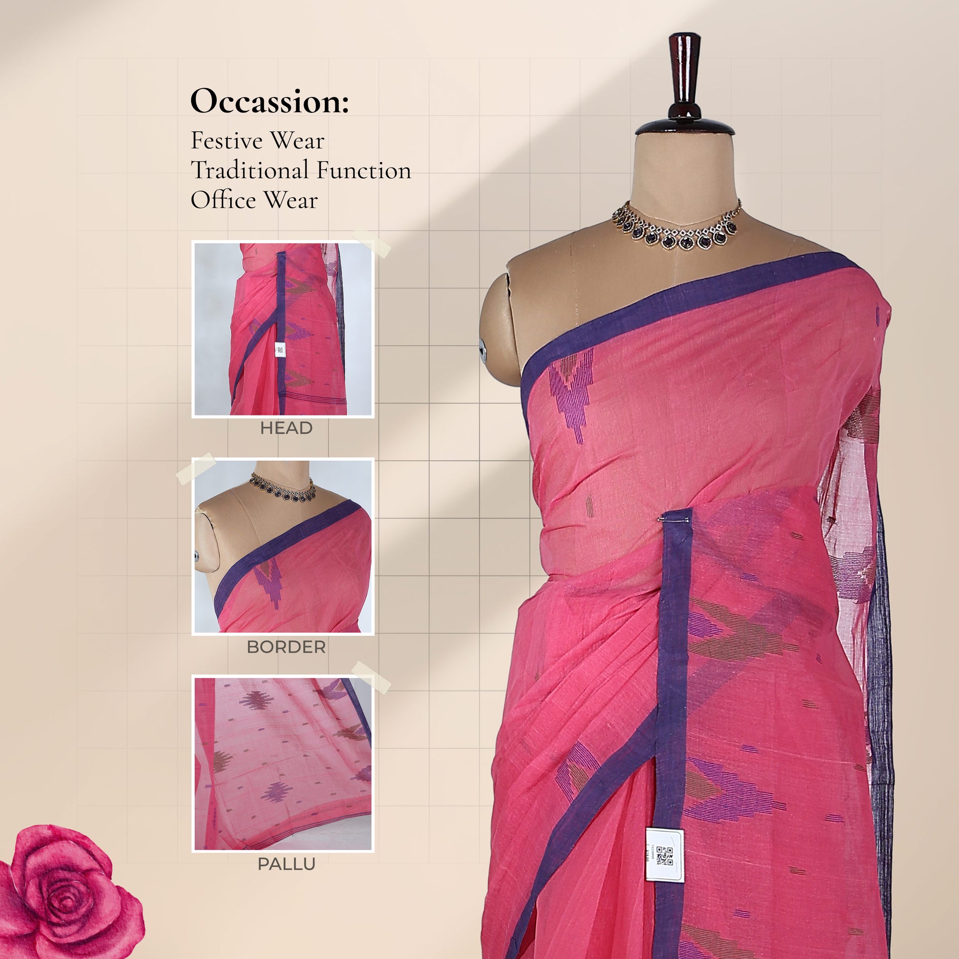 Dark Pink Bengal Cotton Saree With Blue Border And Ikat Woven Motifs Front Mannequin View