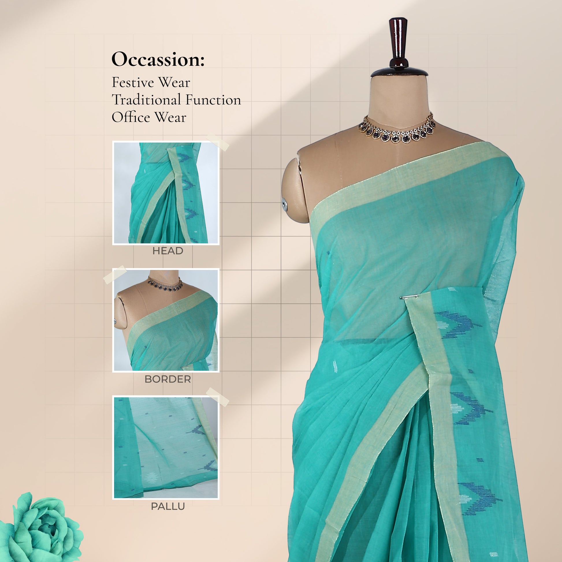 Aqua Green Bengal Cotton Saree With Green Border And Ikat Woven Motifs Front Mannequin View