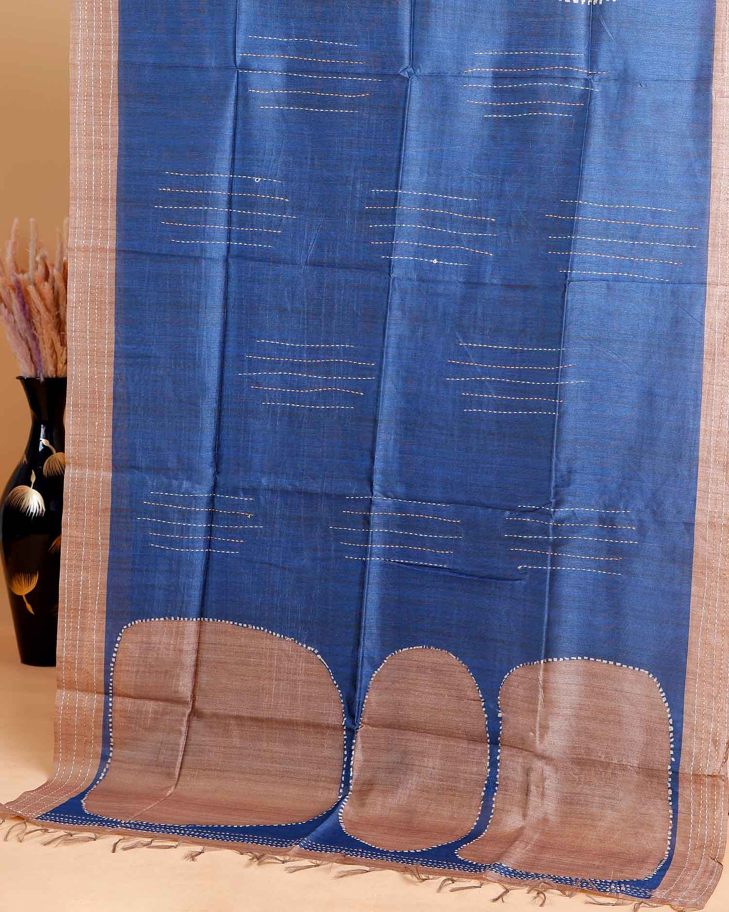 Handcrafted Kantha Cotton Saree with Contrast Patch Design and Intricate Stitch Embroidery - Blue