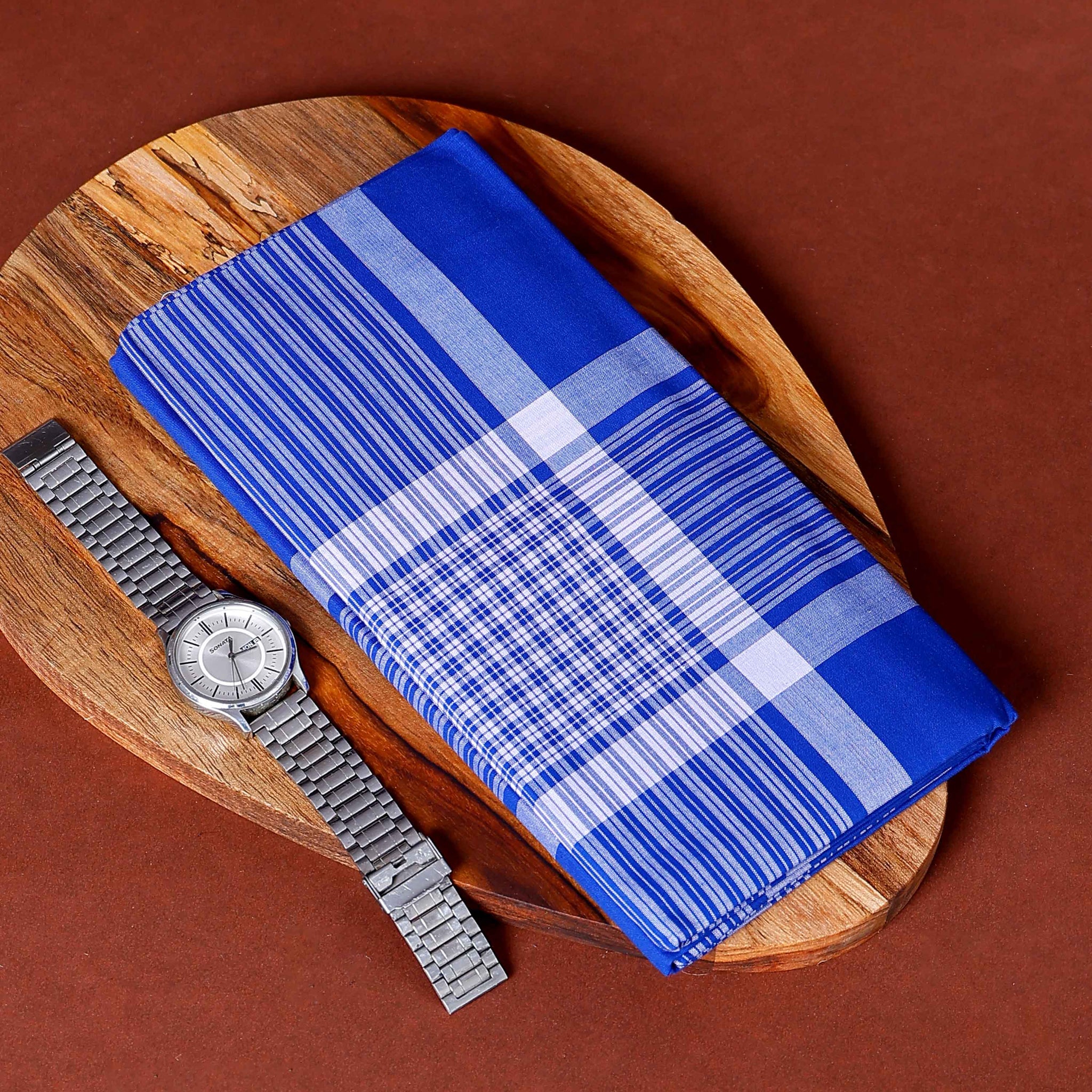 999 Brand Men's Premium Cotton Striped Lungi Stitched - Blue