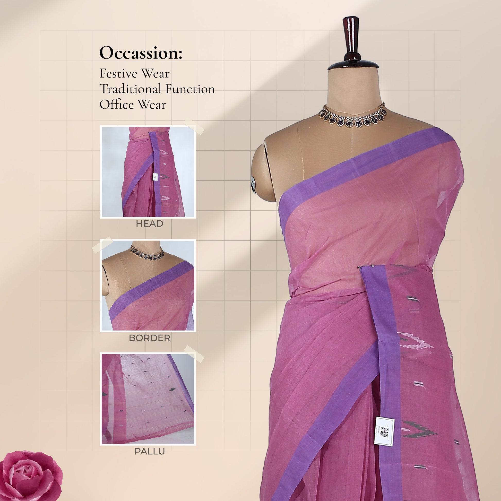 Pink Bengal Cotton Saree With Blue Border And Ikat Woven Motifs Front Mannequin View