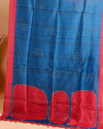 Handcrafted Kantha Cotton Saree with Contrast Patch Design and Intricate Stitch Embroidery - Blue