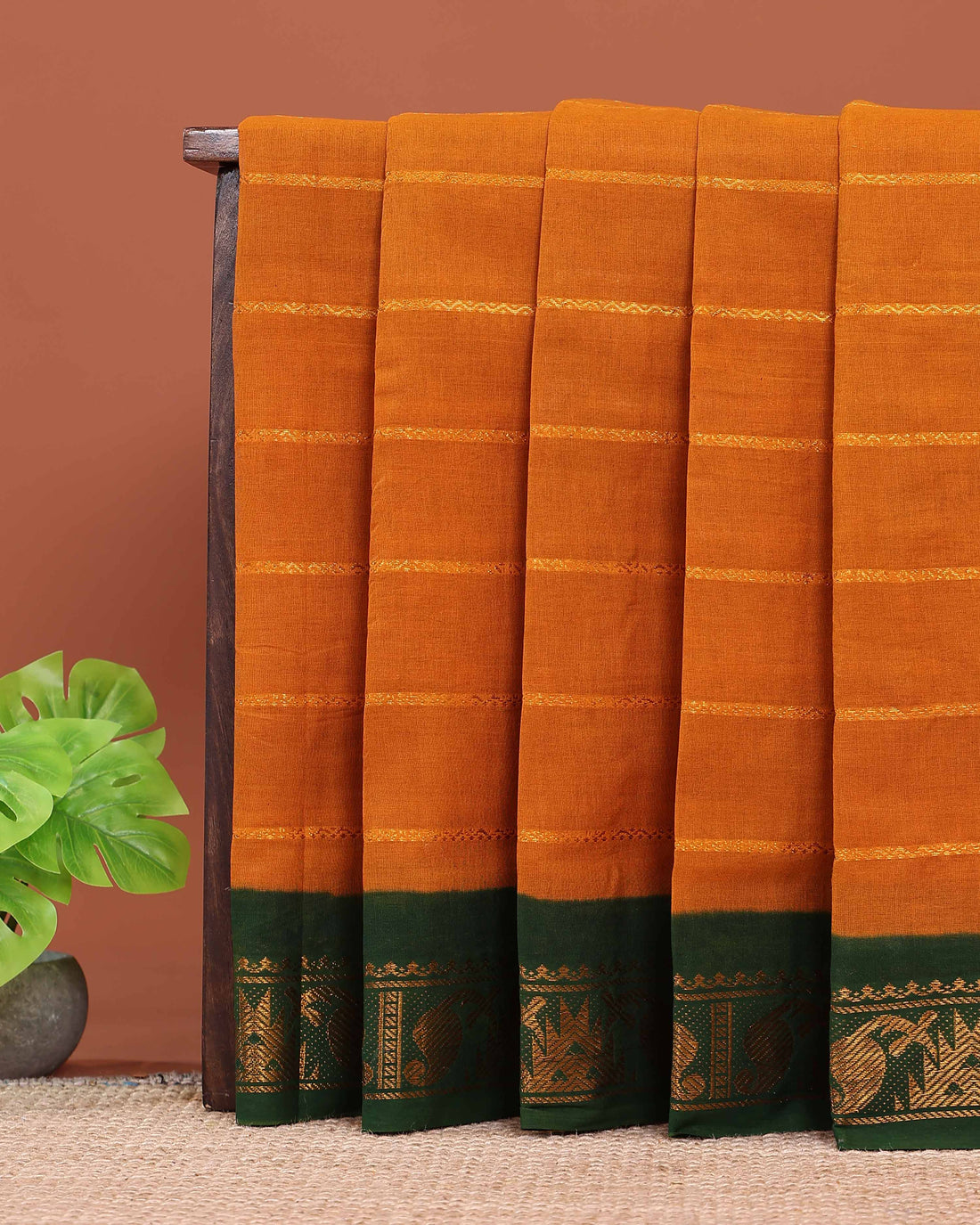 Elegant Sungudi Cotton Saree with Striped Body and Rich Zari Border - Mustard-one