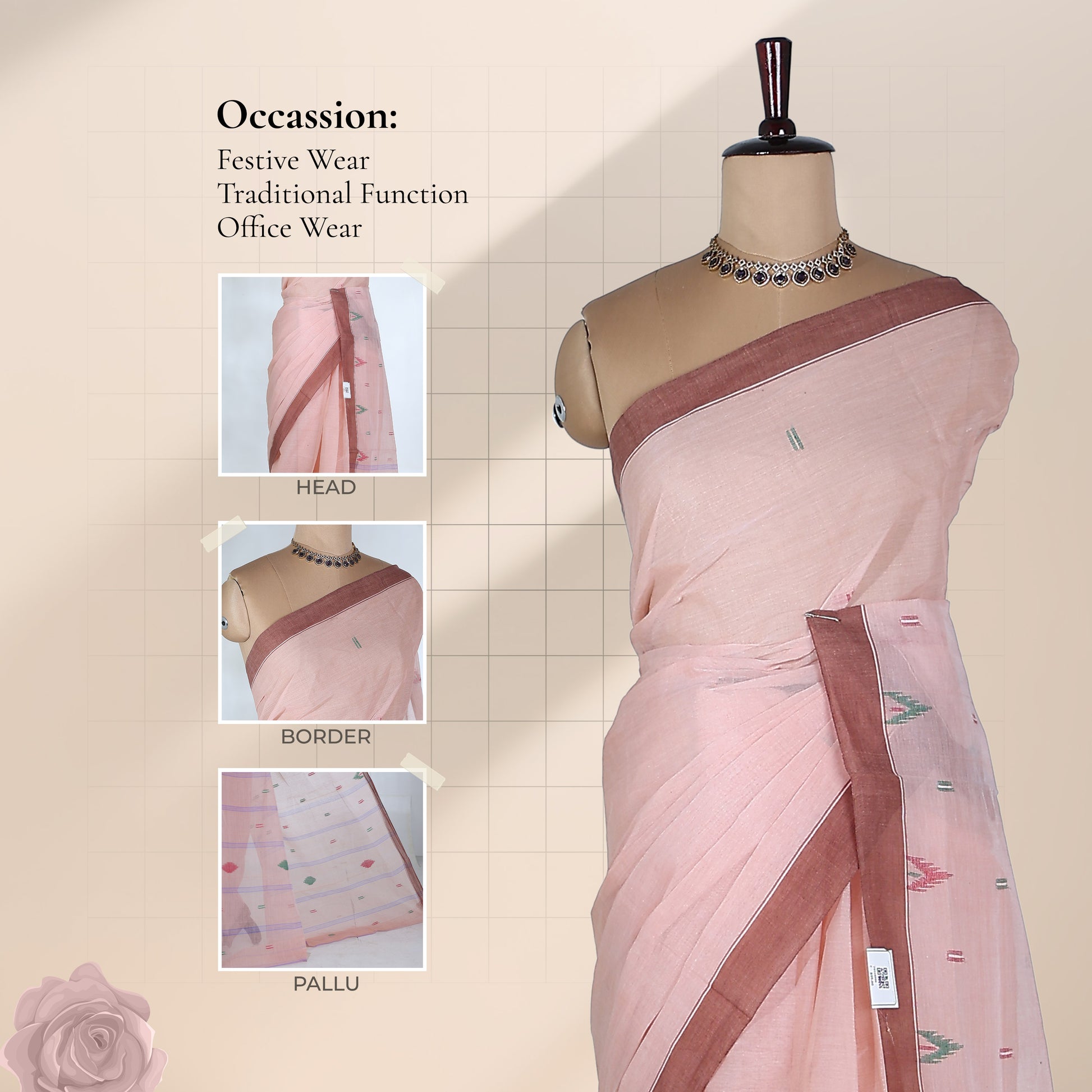 Peach Bengal Cotton Saree With Brown Border And Ikat Woven Motifs Front Mannequin View
